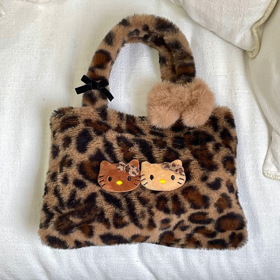 Original Homemade Maillard Plush Leopard Print Kitty Handbag Cute Commuter Bag Niche Y2K Millennium Retro N0