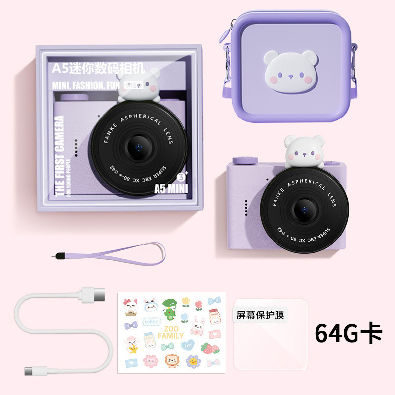 Cámara de estudiante de dibujos animados para niños A5 Cámara de bolsillo portátil de doble cámara delantera y trasera Mini cámara digital Regalo del día de los niños
