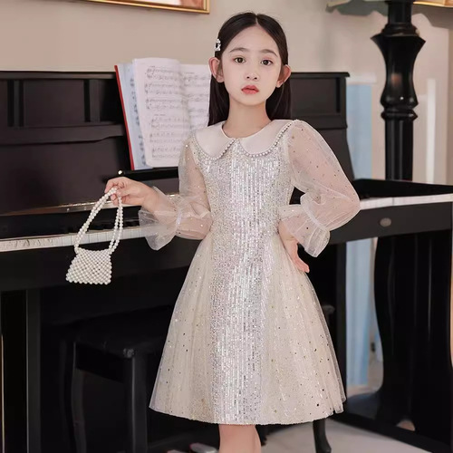 Children's Dress Little Girl 2024 Spring New Long Sleeve Trendy Daily Piano Performance Dress High-end Women's Skirt