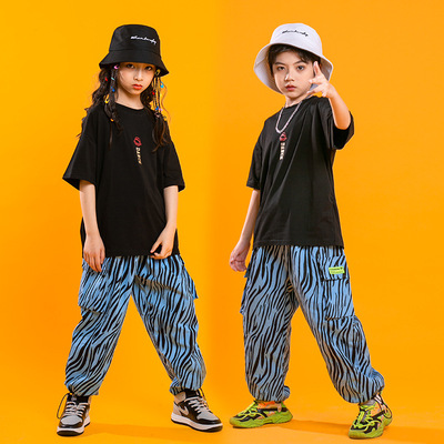 girls boys blue zebra printed Street jazz hiphop dance suit boy tide clothes hiphop dance hip hop handsome little children T-shirt girl costumes popular logo