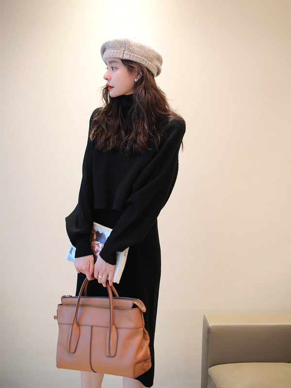 Hanyuan Apparel/Elegant Online Full Wool Suit Set Knitted Two-Piece Set Dress