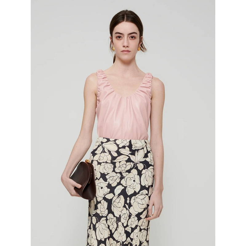 Sumeihui 2025 Spring/Summer New Nanu Style Simple Sleeveless Pullover Ruched U-Neck Leather Vest Top for Women