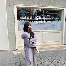 2025毛呢外套新款狐狸毛中长款连帽双面羊绒大衣女秋冬系带呢子新