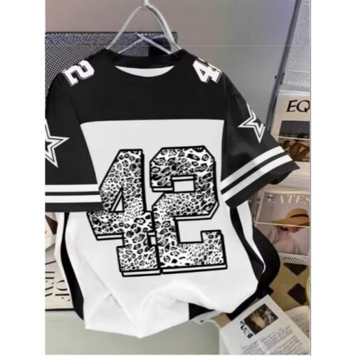 2025 American High Street Leisure Sports Baseball Collar Contrast-Color Short-Sleeves Long Sleeves Women's Summer Loose Print Half Sleeves