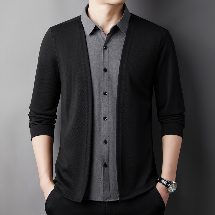 Fake Two-Piece Cardigan Long-Sleeved Men's Spring & Fall Jacket Tops Trendyy Casual Outer Knitwear Bottoming Shirt Shirt Collar