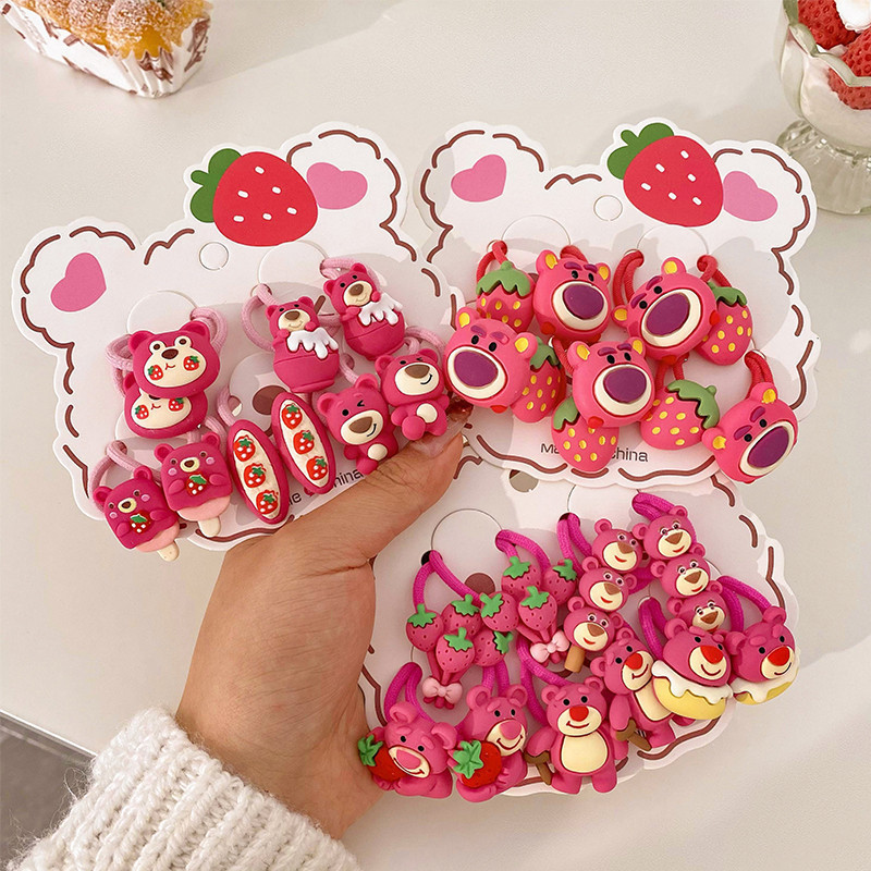 Los niños de dibujos animados de fresa oso cuerda de pelo lindo lazo del pelo banda de goma cuerda de pelo de la niña elástica y no duele accesorios para el cabello