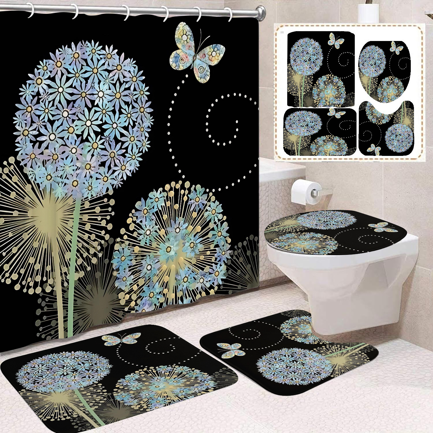 Flor blanca cortina de baño inodoro cortina de partición impermeable de baño cortina de lavado separación seca y húmeda cortina de puerta colgante sin agujeros