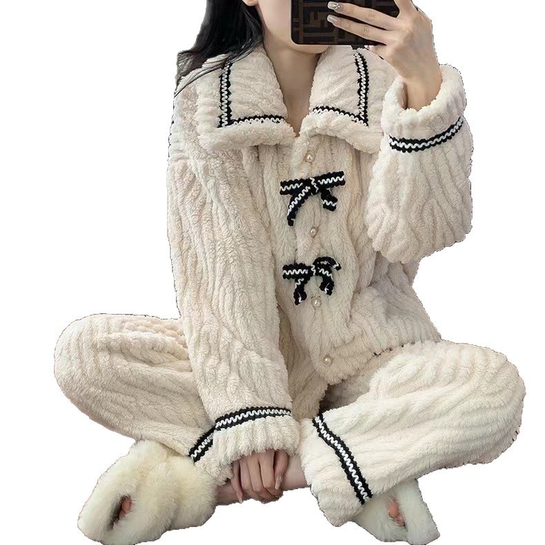 外贸睡衣女蝴蝶结冬季法兰绒家居服加厚加绒甜美公主风衣暖暖套装|undefined