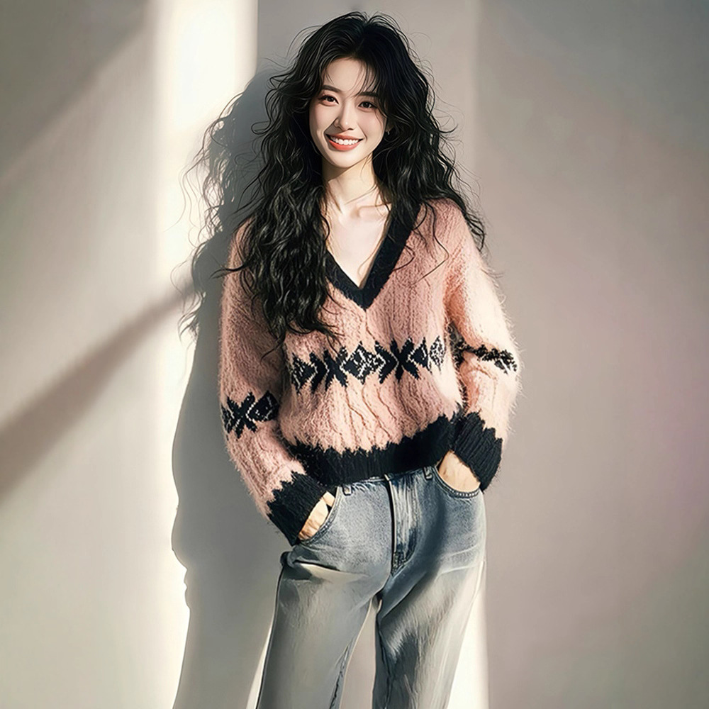 粉色V领宽松软糯条纹针织毛衣独特漂亮慵懒上衣女2025新款开春季