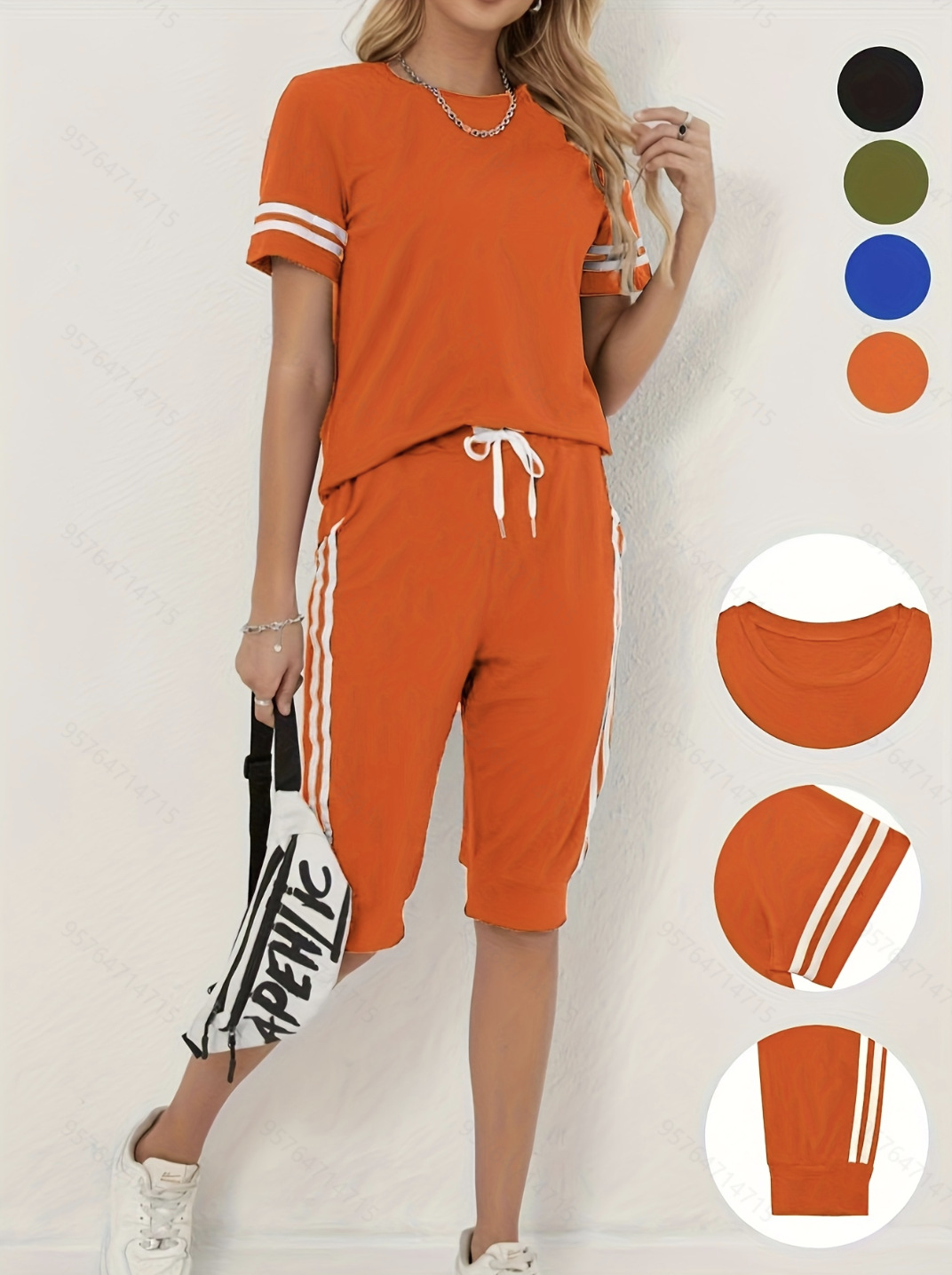 Summer Women's Casual Sportswear Set Short Sleeved Patchwork Shorts Two Piece Outfit Color Blocking Available_ecoleips.com