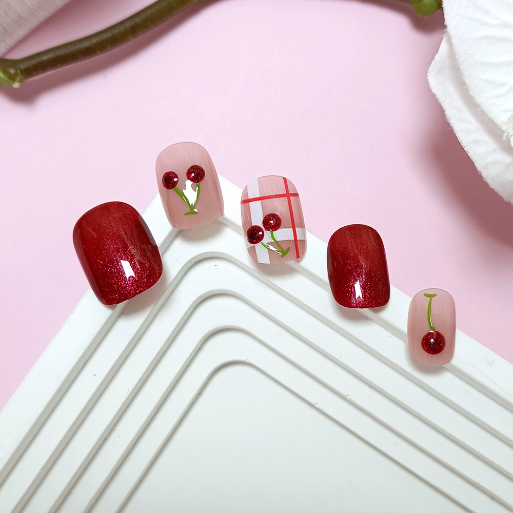 10 piezas de parche de uñas rojas decodificadas, ojo de gato de cereza, parche de uñas a mano, parche de uñas de alta calidad