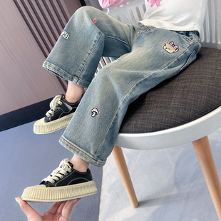 Girls 2025 New Spring and Autumn Jeans Girls Fashionable Elastic Pants Baby Girls Fashionable Embroidered Straight-Leg Pants