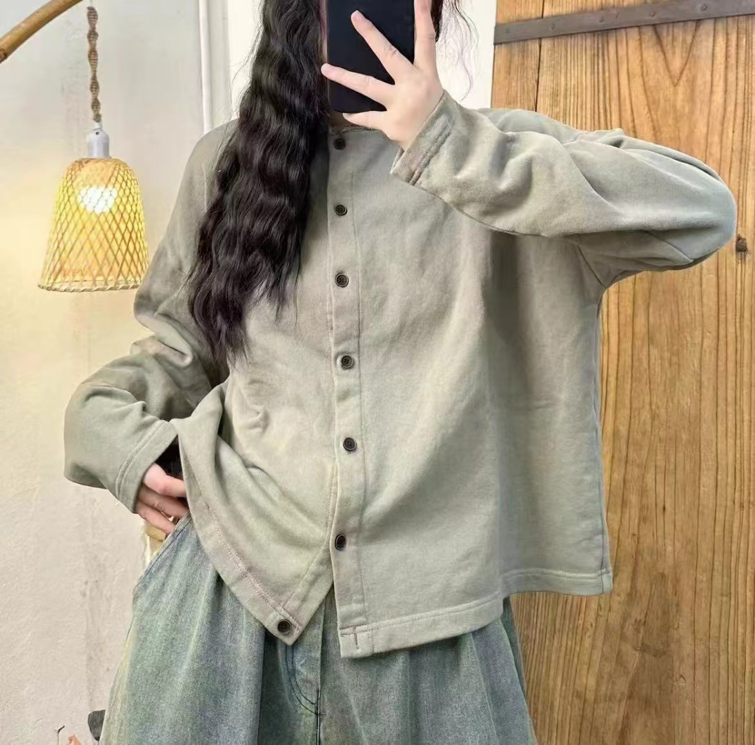 テリーコットン系のカーディガン女性の丸首カーディガン2025春の新型のゆったりしたカジュアルファッションのキャンディー色の上着