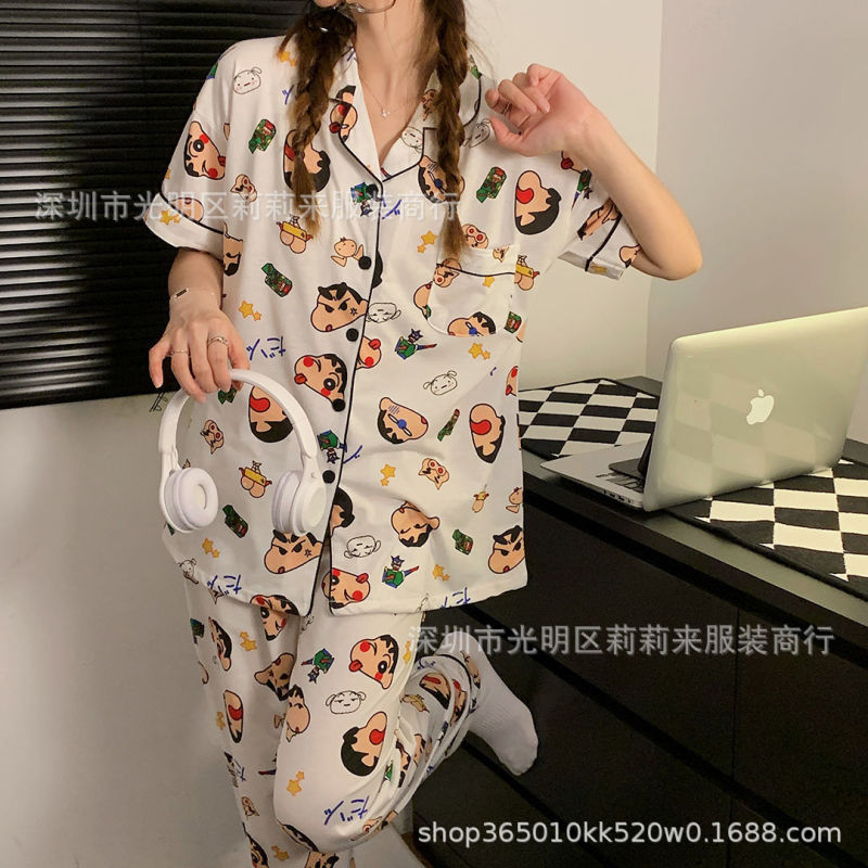 Pajamas Women's Cartoon Home Clothes Short Sleeve Pants suit Short Long Imitation Cotton in stock Sleeping Wear in Spring, Autumn and Summer Pajamas Women's Cartoon Home Clothes Short Sleeve Pants suit Short Long Imitation Cotton in stock Sleeping Wear in Spring, Autumn and Summer