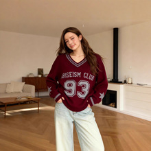 2025秋冬欧美外贸跨境新款亚马逊temu女装撞数字修宽松套头毛衣女