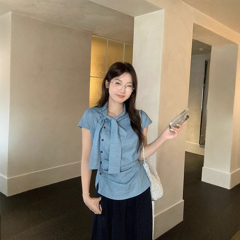韩系条纹小飞袖飘带短袖衬衫女夏季设计感小衫不规则褶皱收腰上衣|undefined