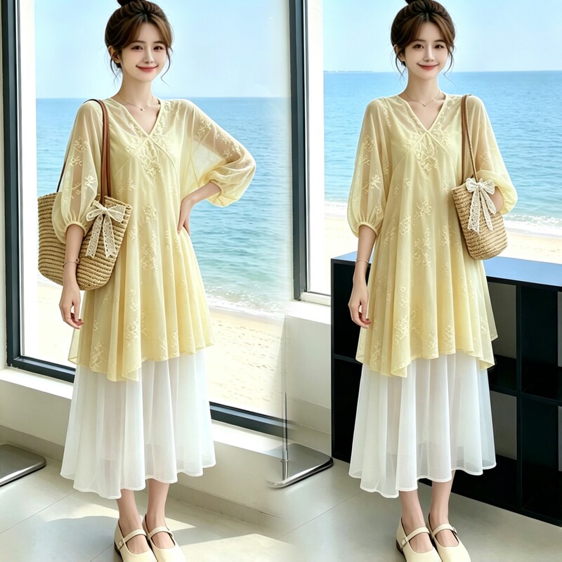 French-Style Gentle Embroidery Yellow Blouse Dress Set, Summer Stylish Versatile Slip Dress, Age-Reducing Two-Piece Set