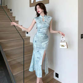 国风旗袍年轻款改良蝴蝶印花连衣裙新款高端优雅修身气质开叉礼服