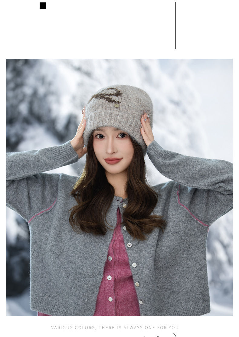Swee Cue Bow Jacquard Knied Beanie Auumn Winer Lierary Versaile Large Head Circumference Wool Cold-proof Warm_voghion.com