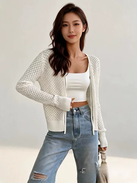 European and American Cross-Border 2026 New Women's Fashion Lazy Style Hollow-Out Knitted Cardigan Top Long-Sleeve Air Conditioning Cover-Up for Women