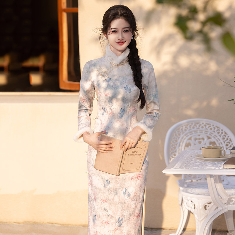 【熱銷同款】加絨加厚冬裝國風中式長款改良旗袍年輕款女復古長袖