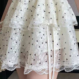 波点蕾丝蝴蝶结系带蛋糕裙女夏季高腰显瘦百搭字半身裙蓬蓬短裙