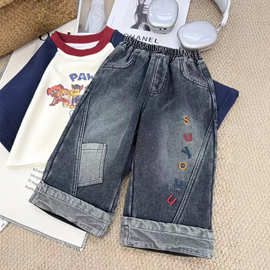 杉伴韩系男小童冬季新款加绒彩色刺绣字母直筒长裤男宝宝休闲牛仔