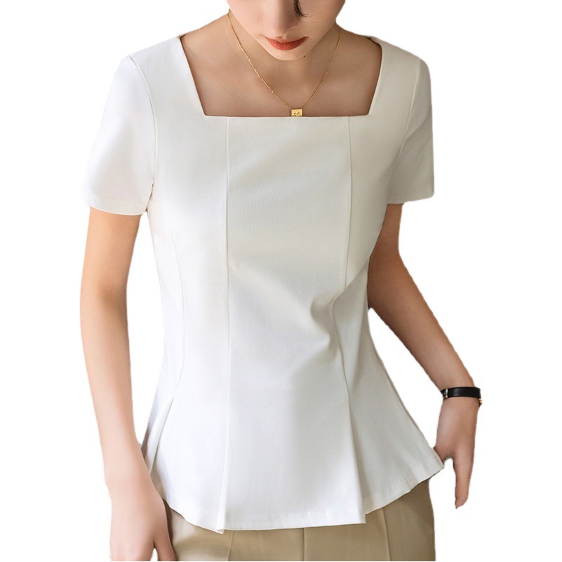 Camiseta de manga corta para mujer verano 2023 nuevo cuello cuadrado retro de las mujeres Camiseta de algodón de color sólido francés paraguas cintura-top apretado