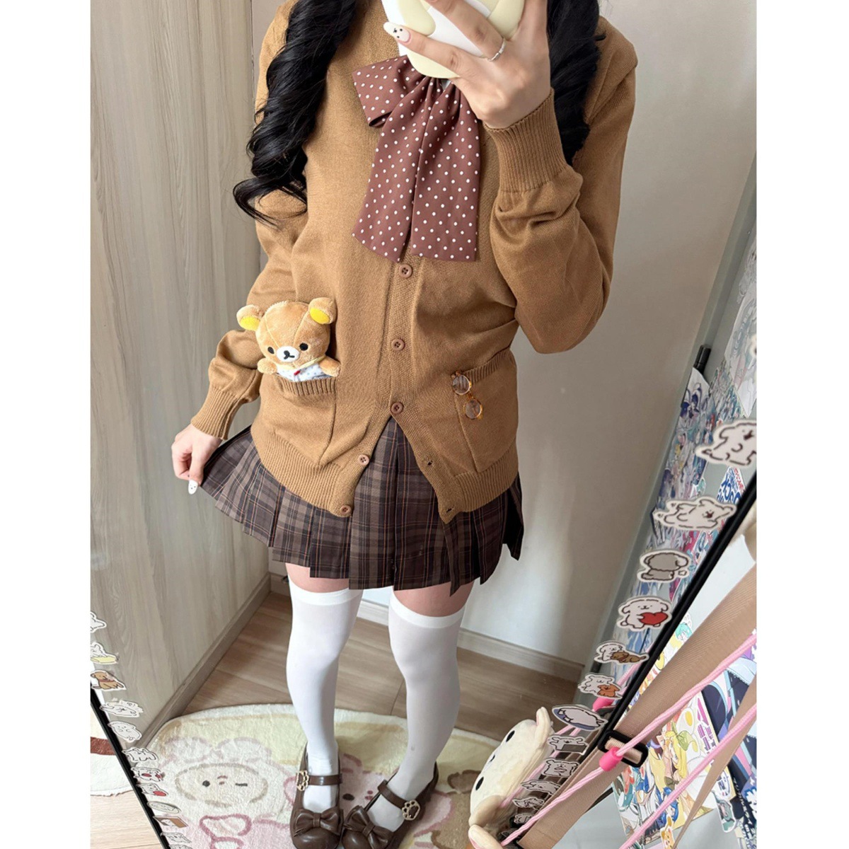 Caramel Croissant Jk Uniform Original Authentic Autumn and Winter Lazy Style Brown Knitwear Knitwear Layered Plaid Skirt Suit for Women