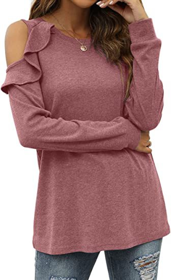 cuello redondo sin tirantes con volantes suelta casual manga larga top de color sólido NSMVS139802