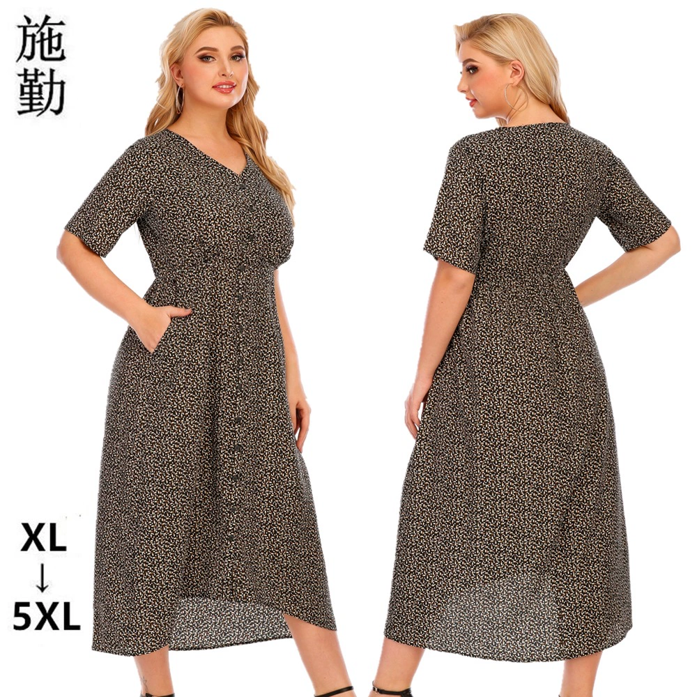 2023 Amazon плюс размер женское летнее новое платье с коротким рукавом и принтом на пуговицах SQ0169