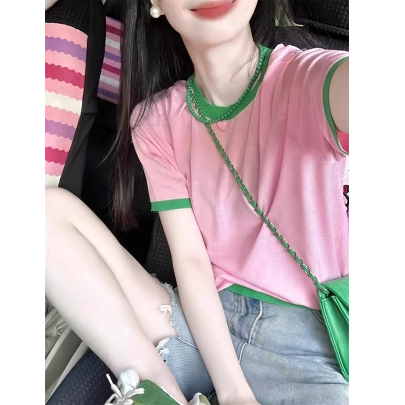 Dopamine Pink Round Neck Knitted Short-Sleeved T-Shirt for Women, Summer Thin Style, Unique and Beautiful Loose Shoulder Top Dopamine Pink Round Neck Knitted Short-Sleeved T-Shirt for Women, Summer Thin Style, Unique and Beautiful Loose Shoulder Top