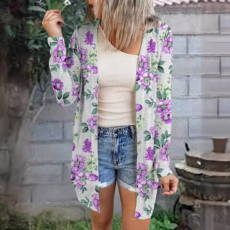 2024 New Women's Wear Fit Flower 3D Printed Knitted Long Cardigan Jacket Fashionable Age-reducing European and American Style