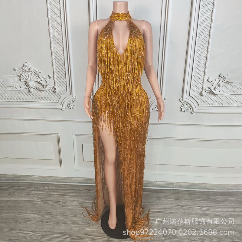European and American Luxury Golden Tassel Cocktail Party Evening Dress for Annual Meeting Women's High Style Dress Model Fashion Dress European and American Luxury Golden Tassel Cocktail Party Evening Dress for Annual Meeting Women's High Style Dress Model Fashion Dress