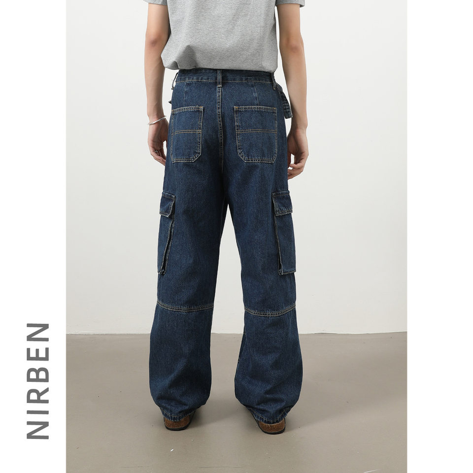 Quần jeans nam ống rộng thẳng phong cách đường phố, nhiều túi, lưng giữa eo — màu xanh đậm