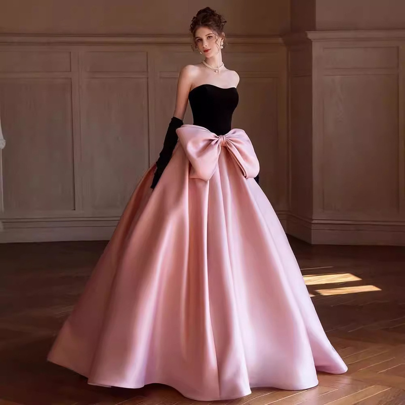 High-End Evening Dress Pink Black Bow Princess Dress Engagement Banquet Elegant Student Day Adult Ceremony Art Exam Dress
