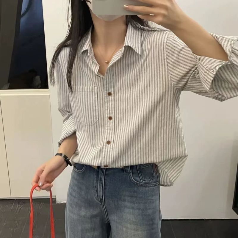 小个子条纹衬衫百搭2025新款显瘦休闲衬衣宽松春秋季复古长袖上衣|undefined