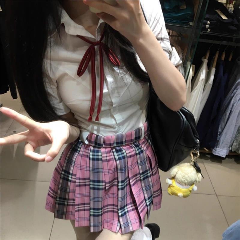 허리 반팔 + 레드 칼라 로프 + 라즈베리 체크 스커트 3종 세트
