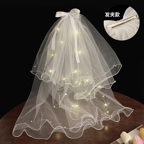 LED Lights Double Layer Veil Internet Celebrity Photography Props Glowing Net Veil Super Fairy Travel Photography Bowknot Duckbill Hair Clip 