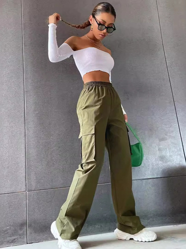 Pants, women's wide-leg street casual overalls, pockets, high-waist straight, American e-commerce casual