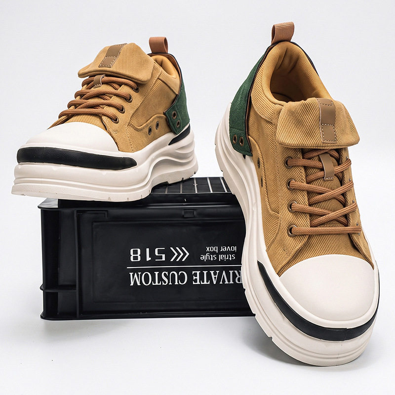 Giày vải nam cổ thấp phong cách retro, đế mềm tăng chiều cao, dây buộc — YH398 màu kaki, YH398 màu đen