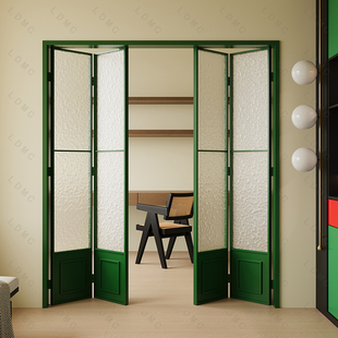 ♤ French-Style Retro Green Folding Door Partition Sliding Door for Kitchen, Living Room, Balcony, Bathroom, Aluminum Alloy Glass