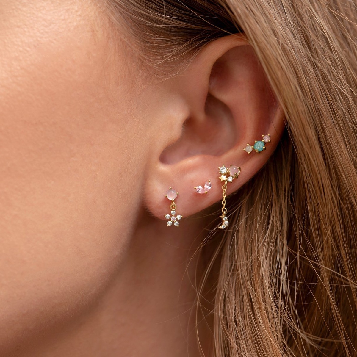 10g Weight Zircon Inlay Material Earrings Classification Fashion Moon Flower Copper Inlaid Zircon Earrings 1 Set