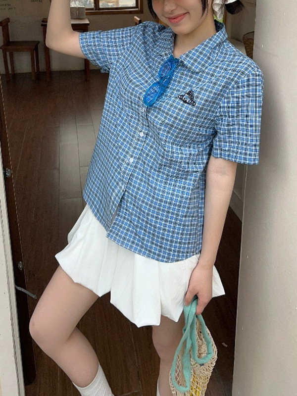 美式复古kitty猫刺绣蓝色格子短袖衬衫女褶皱收腰显瘦设计感衬衣|undefined
