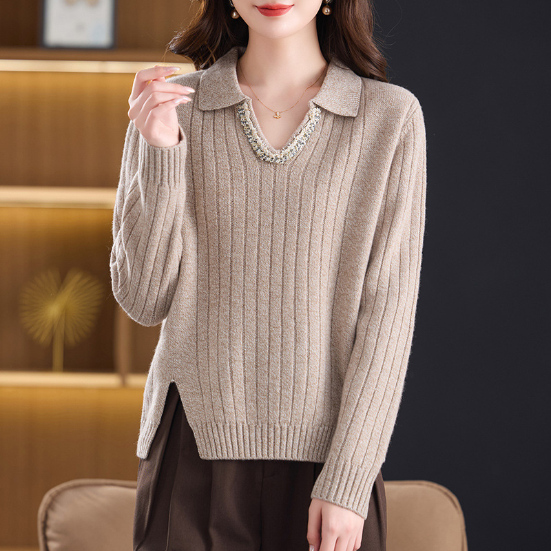 年轻款全毛针织羊毛衫秋冬新款时尚V领长袖潮流开叉毛衣慵懒风衣，女装针织衫/毛衣，妃慕昵服饰