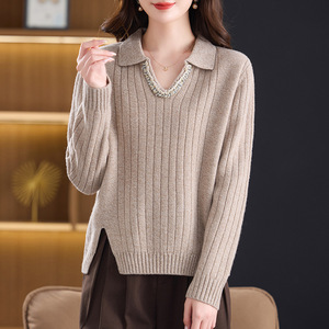 年轻款全毛针织羊毛衫秋冬新款时尚V领长袖潮流开叉毛衣慵懒风衣，女装针织衫/毛衣，妃慕昵服饰