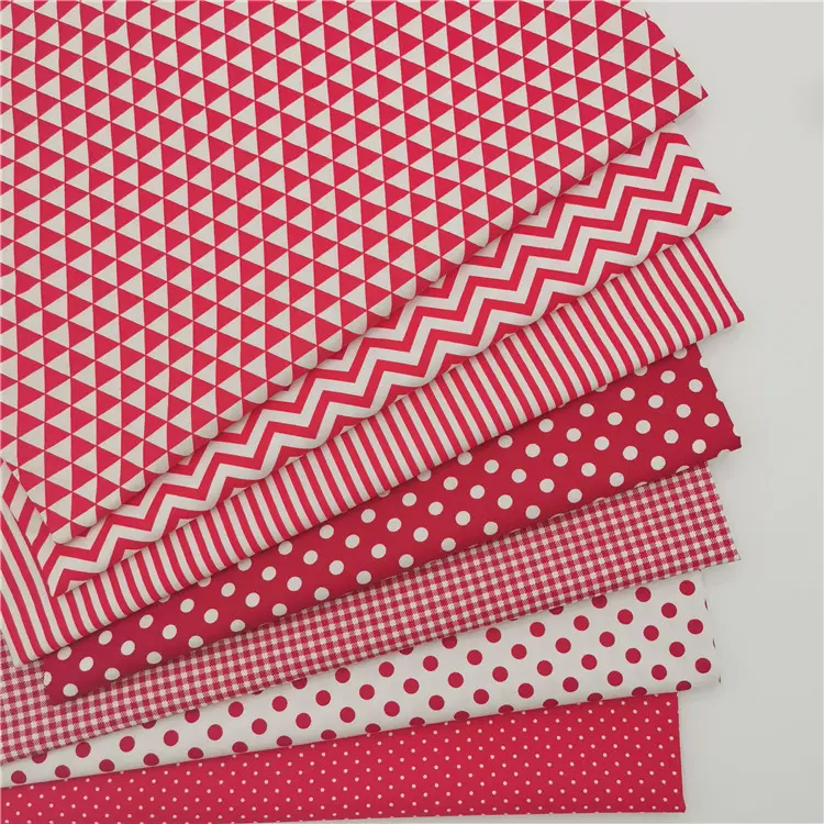 红色布组 全棉斜纹布料 纯棉印花格子波浪线圆点条纹床品手工面料