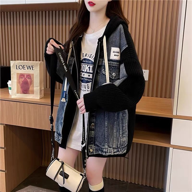 宽松慵懒风牛仔布拼接毛衣开衫女2025新款秋冬季韩版连帽针织外套|undefined