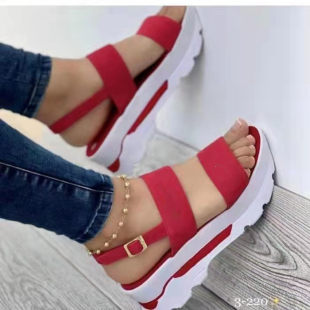 2026 summer new large size cross-border women's shoes with wide letters and one word with sweet style thick-soled wedge sandals for women