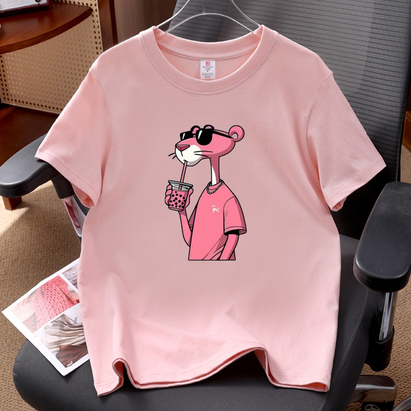 220g Pure Cotton Summer New Style Loose Casual Trendy Brand European and American Design Pink Panther Print Age-Reducing Slimming Short-Sleeved T-Shirt 220g Pure Cotton Summer New Style Loose Casual Trendy Brand European and American Design Pink Panther Print Age-Reducing Slimming Short-Sleeved T-Shirt